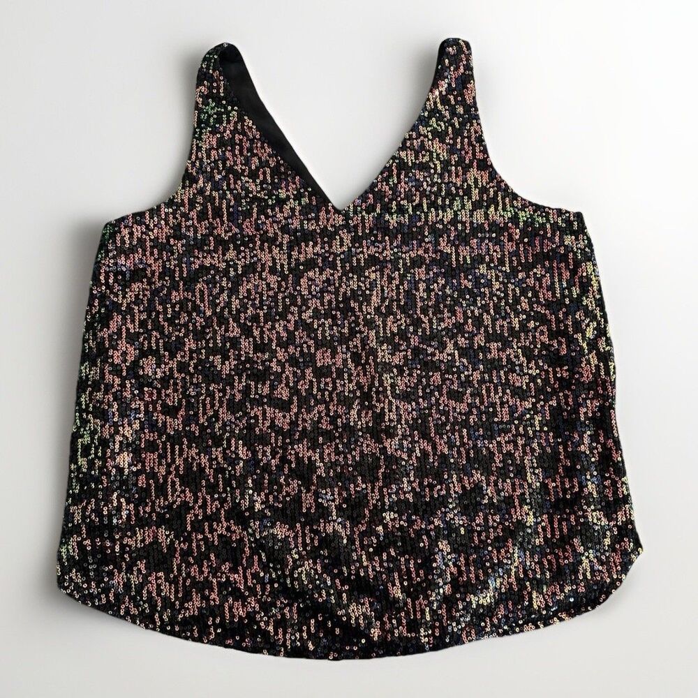 Vintage Loft Woman Y2K Rainbow Sequin‎ MP Double V Neck Sparkle Shimmer